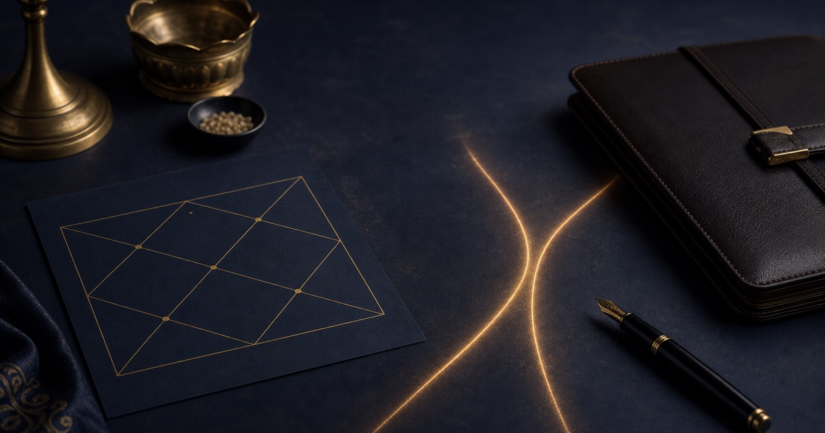 A portfolio, fountain pen, and Vedic chart beside two illuminated paths