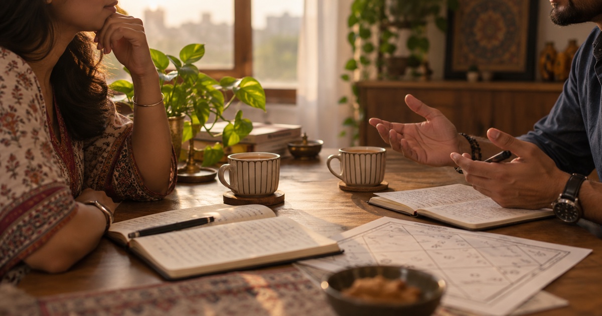Two people discussing relationship questions beside notebooks and a Vedic chart