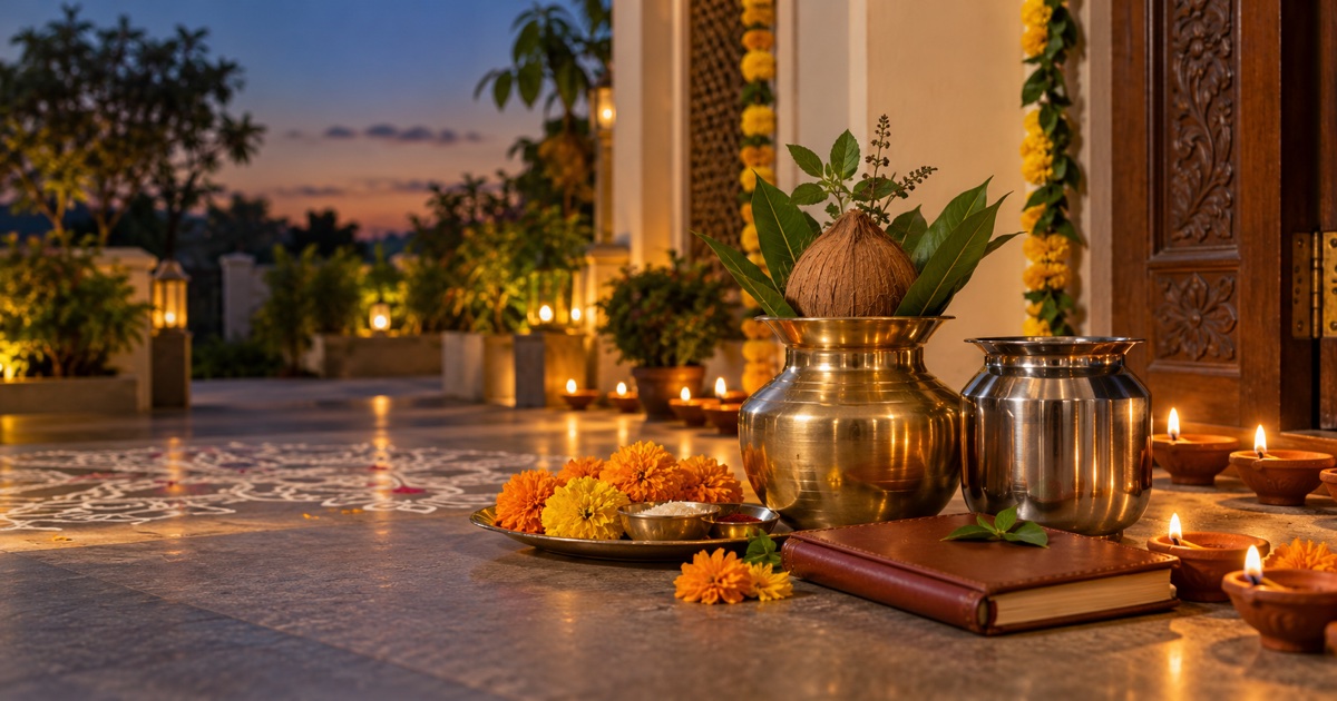 A brass kalash, household utensil, account book, flowers and lamps at an Indian home entrance