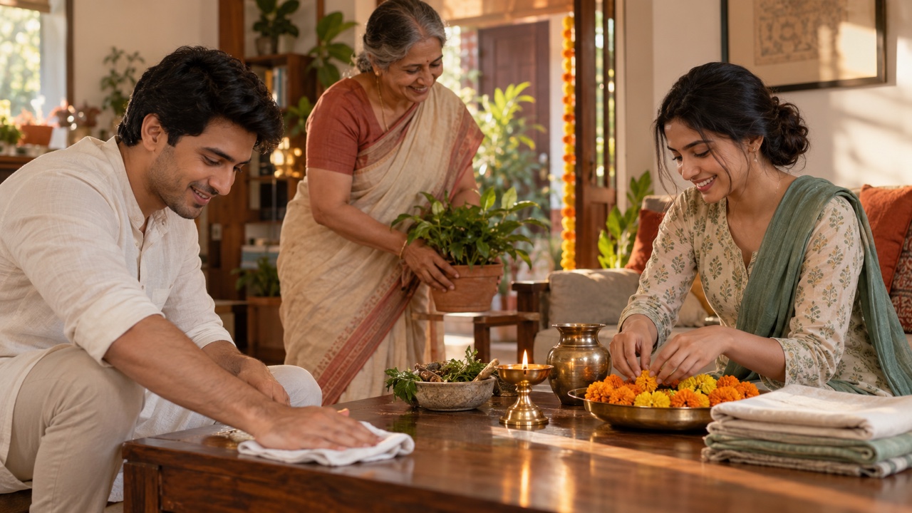 An Indian family cleaning and preparing lamps, flowers, herbs and a useful brass vessel for Dhanteras