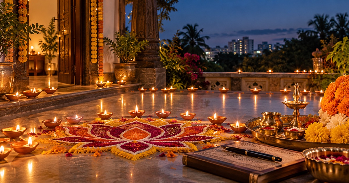 Clay diyas, a lotus rangoli and a puja thali in an Indian home at dusk