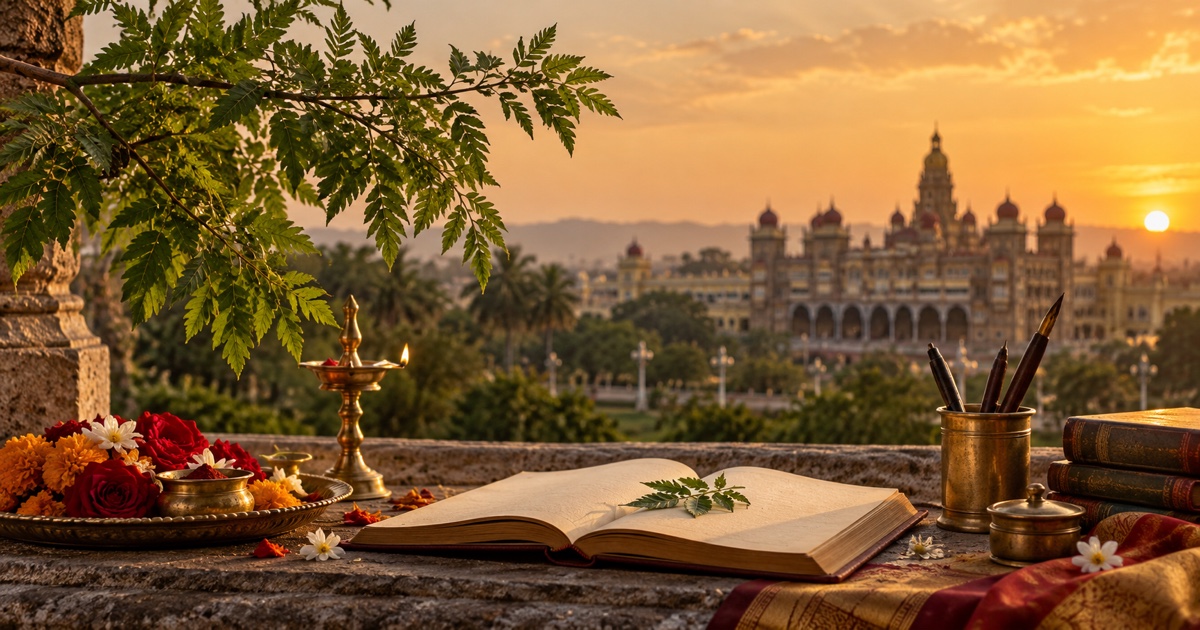 Shami leaves, an open book, flowers and a brass lamp overlooking a Mysuru palace-inspired skyline