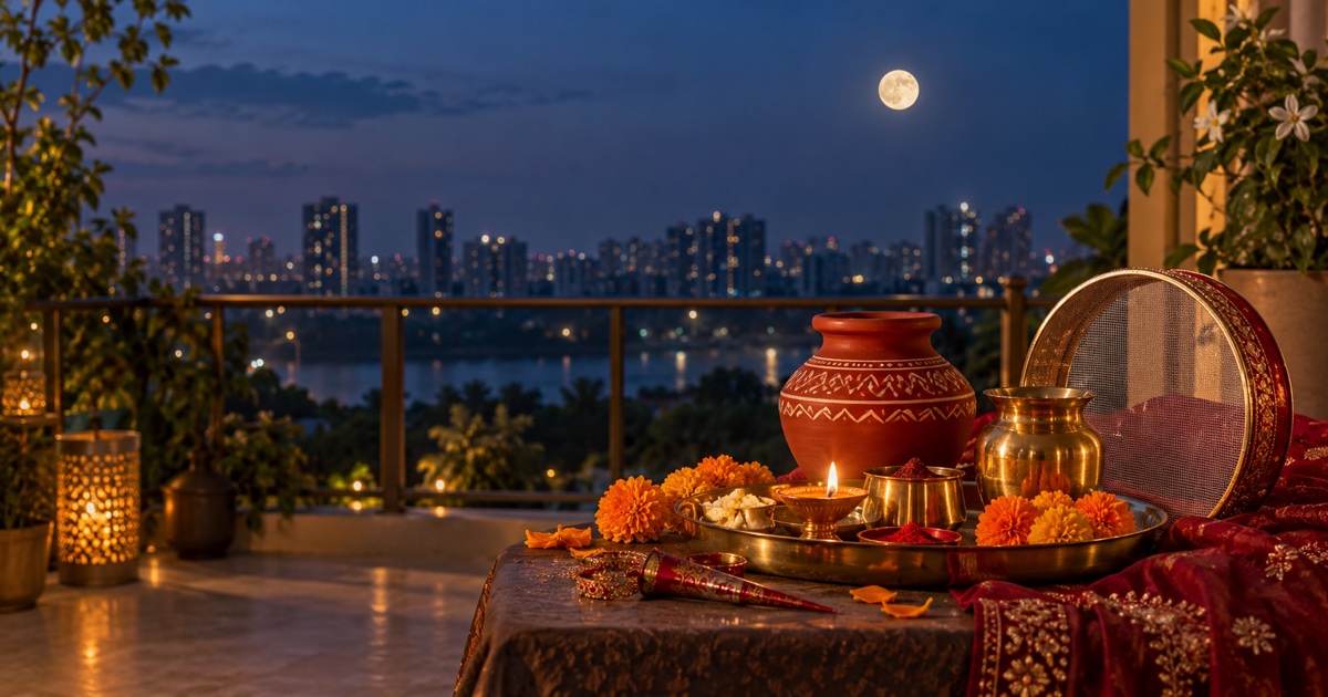A traditional karwa, puja thali, sieve and diya beneath the evening moon
