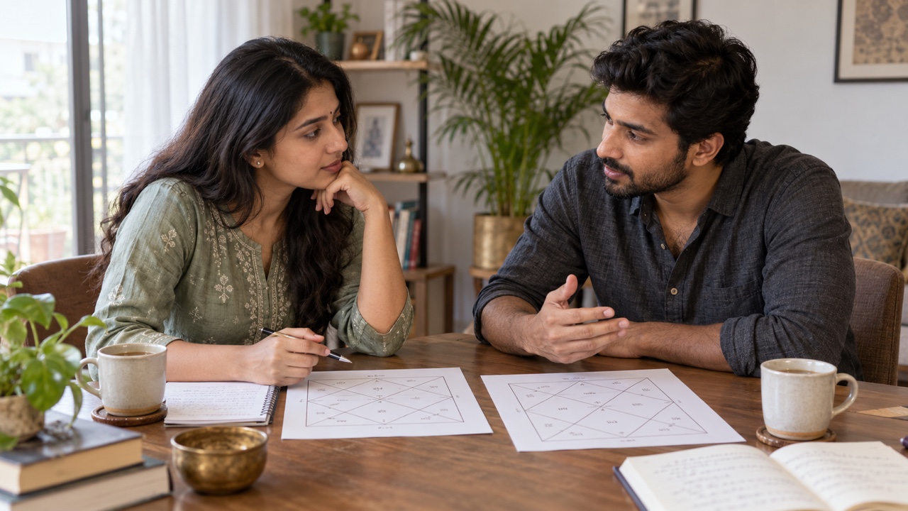 A young Indian couple discussing two Kundali charts and notes as equal partners