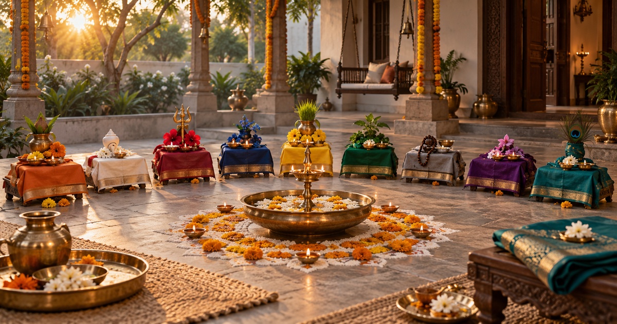 Nine devotional arrangements in the colours of Sharad Navratri around a brass lamp