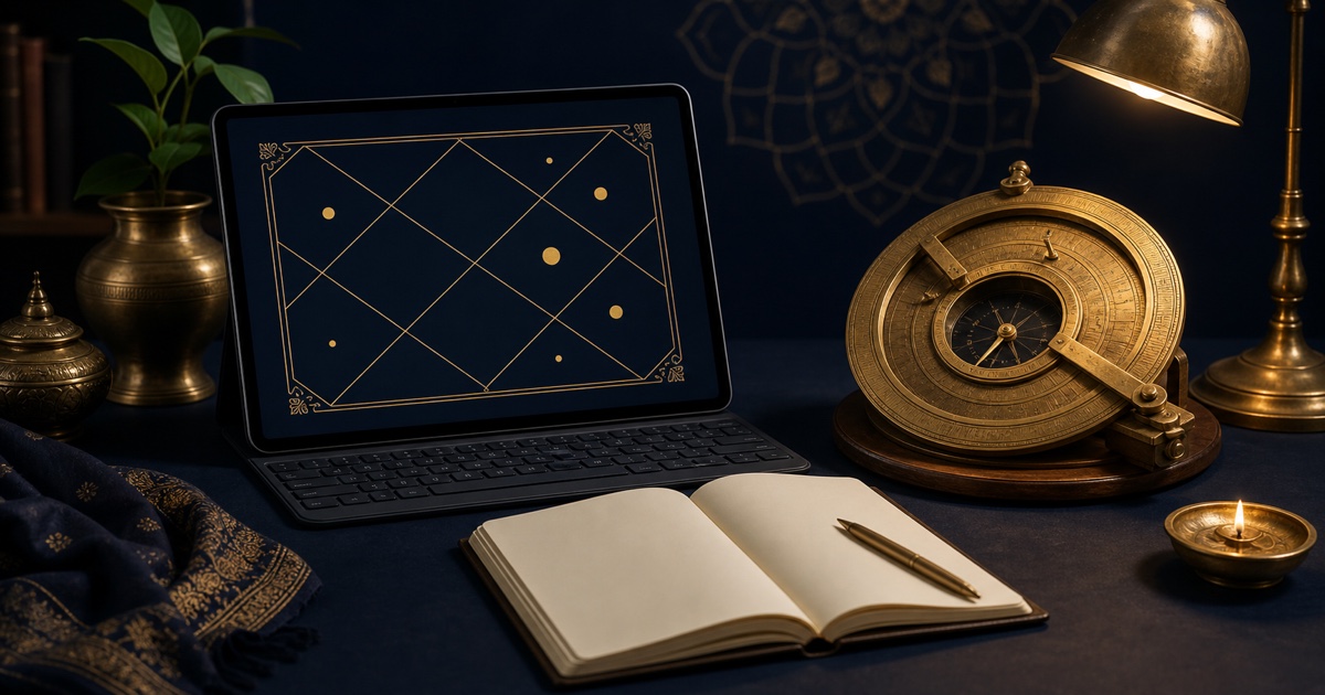 A digital Vedic chart beside a notebook and brass astronomical instrument