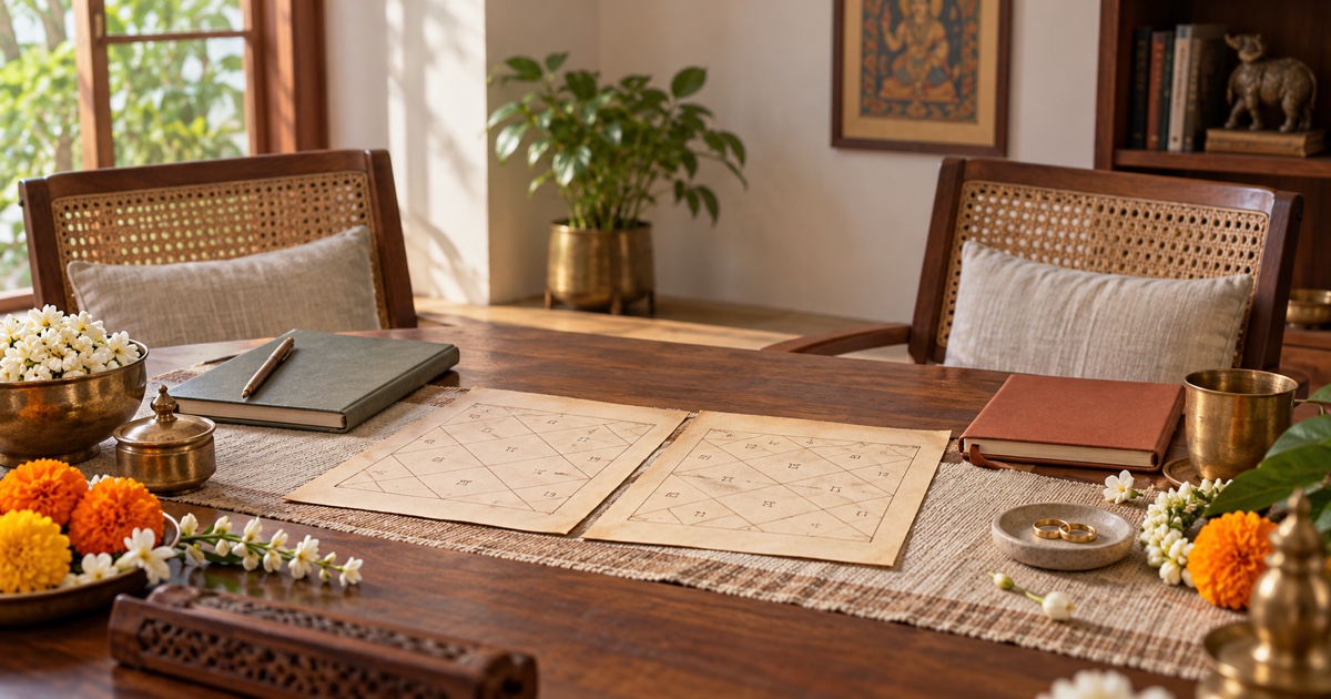 Two birth charts, notebooks and flowers arranged for a thoughtful pre-marriage conversation