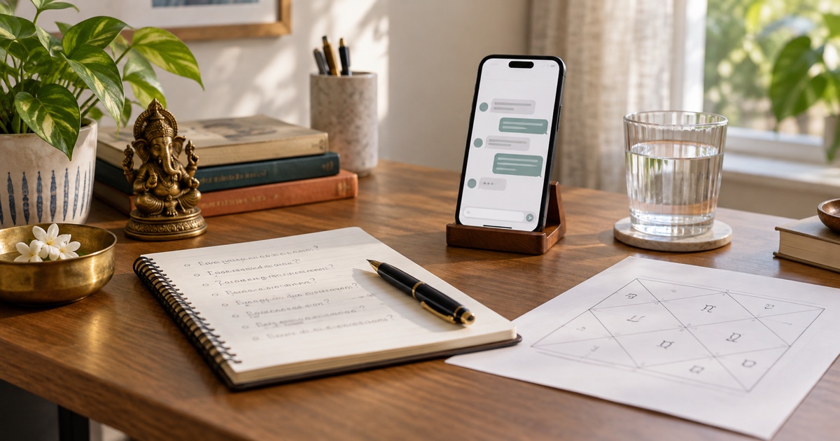 A phone, question notebook and Vedic chart prepared for a personal astrology consultation