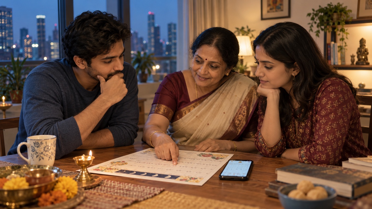 An Indian family abroad comparing a lunar festival calendar with a local phone calendar