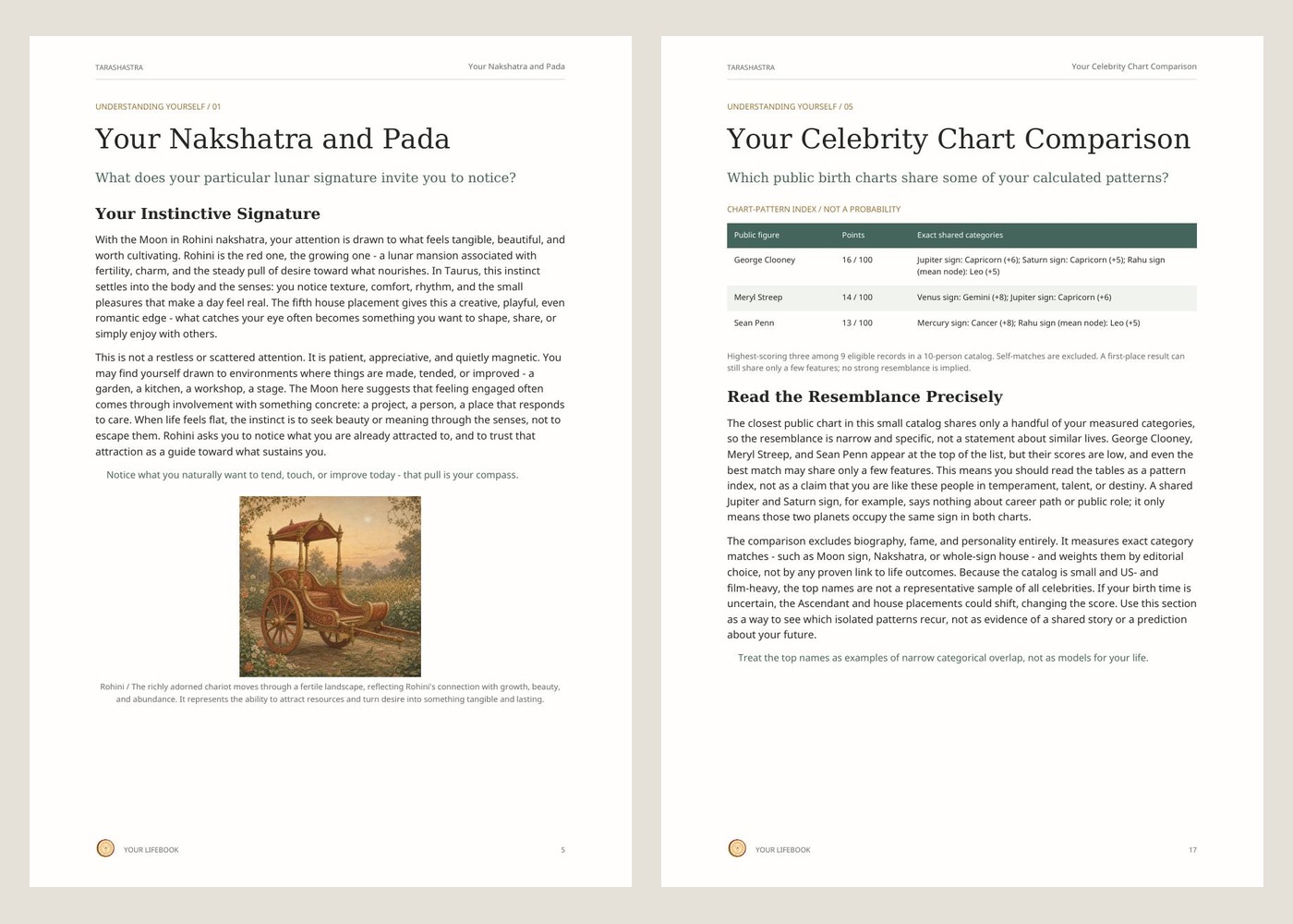 Nakshatra and celebrity comparison pages from the public Kundali LifeBook sample
