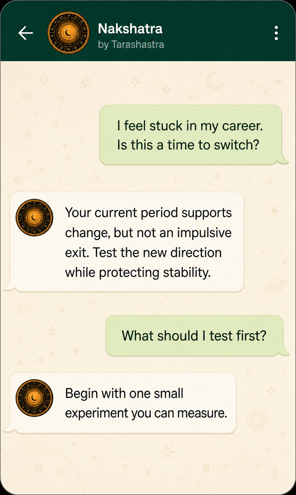 Illustrated WhatsApp conversation with Nakshatra