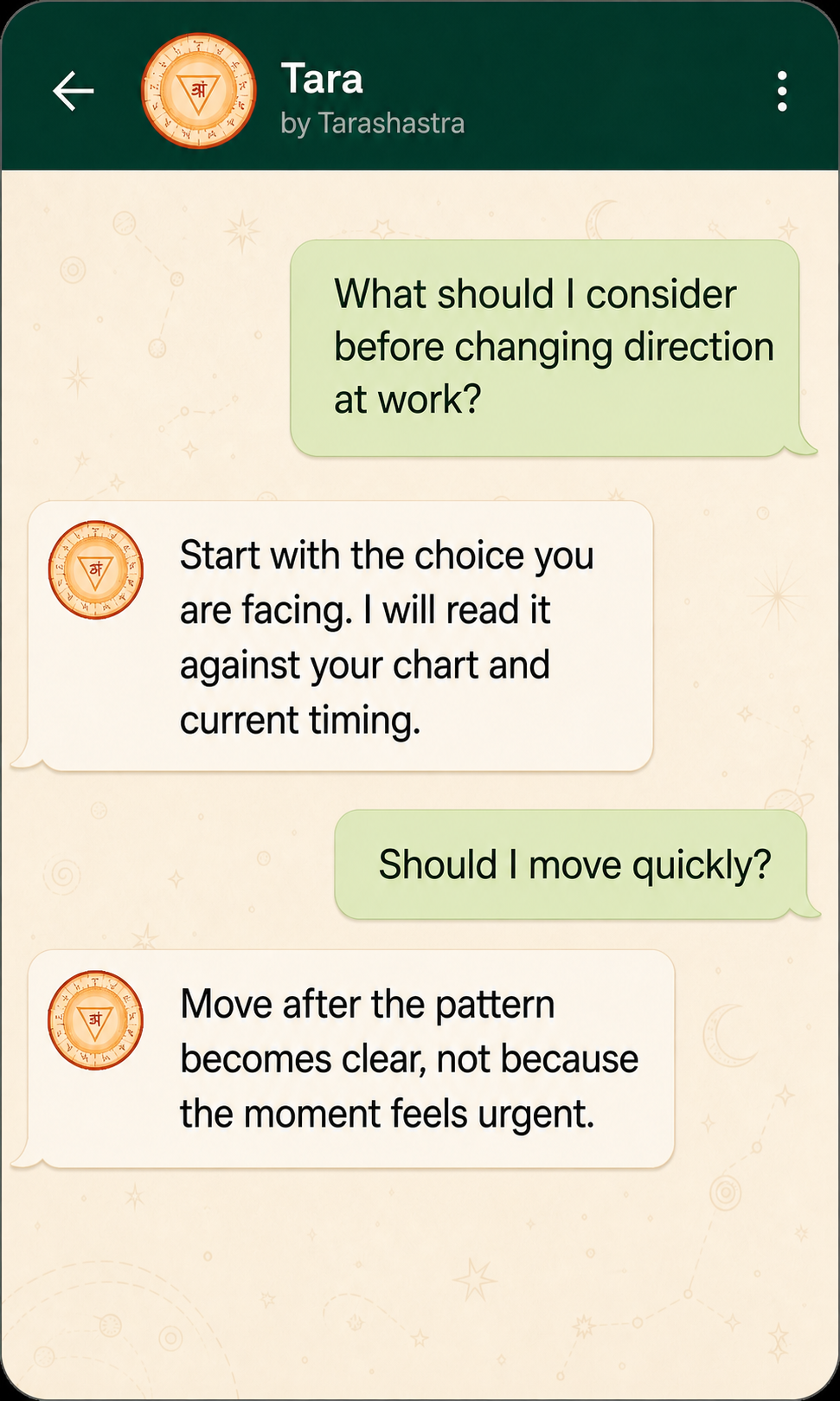 Illustrated WhatsApp conversation with Tara